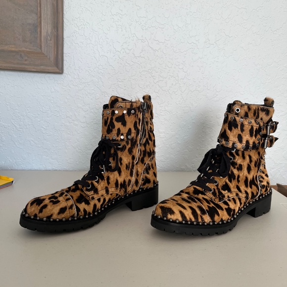 Sam Edelman women’s leopard brown/caramel combat boots studded calfhair Jennifer - Picture 1 of 11